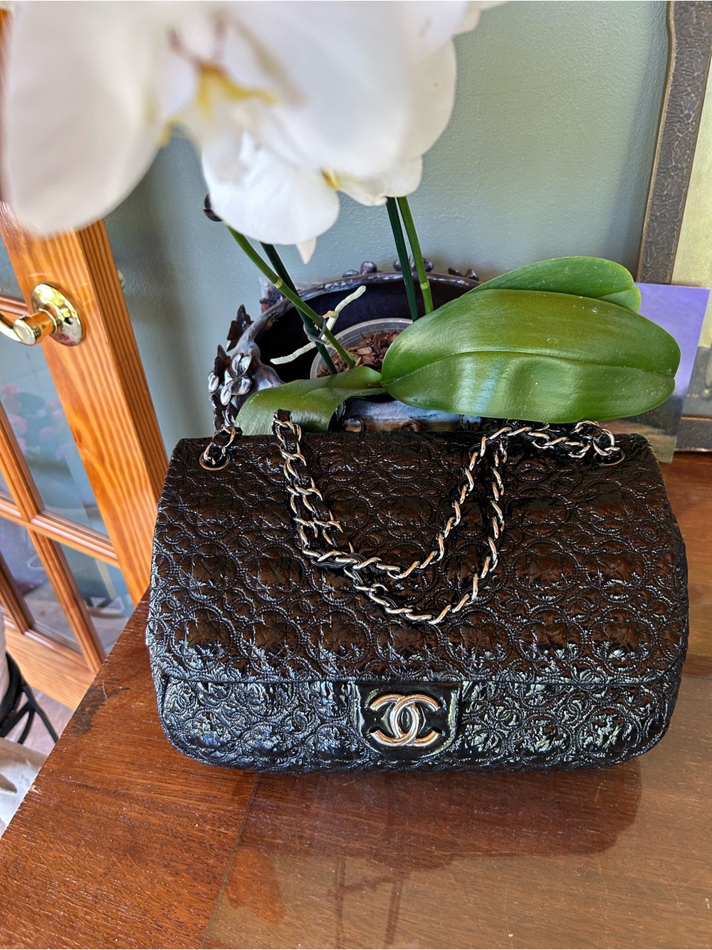 Chanel Black Patent Camellia Jumbo Single Pocket  Bag